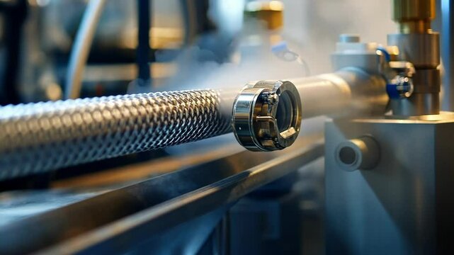 Stainless steel pipe emitting steam in an industrial setting, highlighting technology and engineering. The scene emphasizes scientific processes and industrial applications