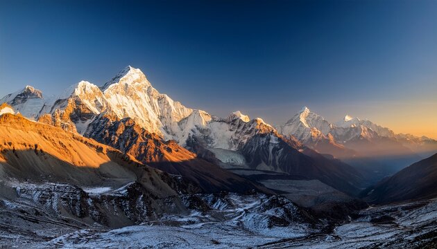 himalayan mountain range mt kangtega and mt thamserku at sunset
