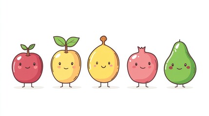 Cute fruit characters, white background, healthy eating concept, kids illustration