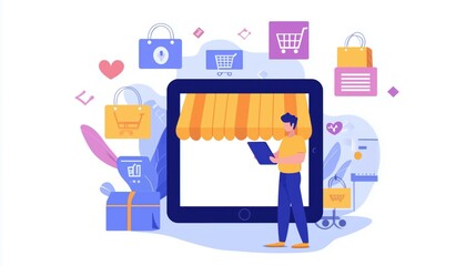 Young entrepreneur launching an online business with e-commerce concept – online business, e-commerce startup, and digital marketing strategy in modern illustration