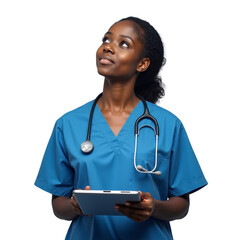A thoughtful African American nurse in teal scrubs holds a tablet and looks upwards with a serene expression against a white background.

