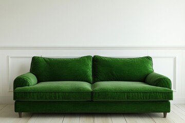 Green velvet sofa in a white room with paneling.