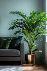 Fototapeta premium Greenery, cozy living room with a palm tree, dark gray couch, emerald velvet pillows, and a mint green wall.