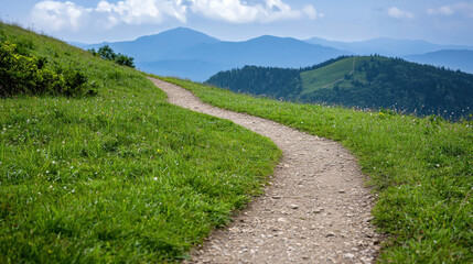 Realistic photography of a scenic path leading to a majestic mountain perfect for trail running and outdoor adventures