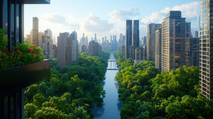 Fototapeta premium Urban reforestation projects showcased in realistic photography of a vibrant city with a serene river flowing through