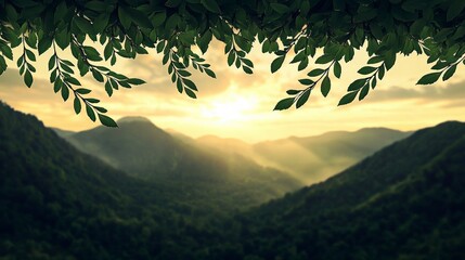Fototapeta premium Serene Sunset Mountain Landscape Misty Forest Canopy Green Leaves Golden Hour