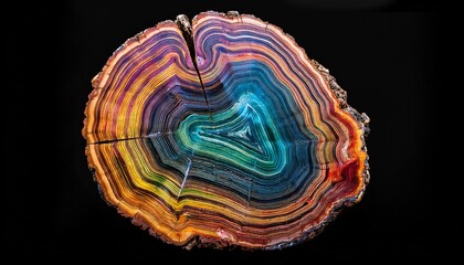 a slice of a multicolored petrified tree isolated on a black background