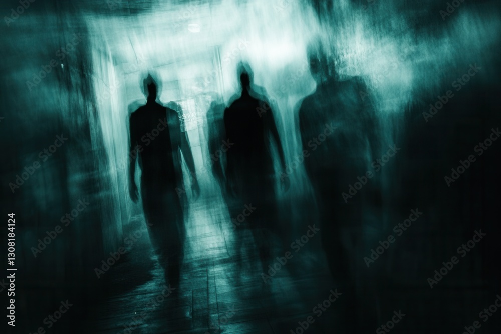 Poster Shadows of fear linger in a darkened space with blurred silhouettes and mysterious forms Generative AI