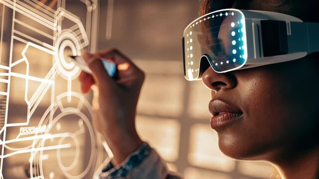 The profile of a young inventor lit by blue light intensely focused on adjusting holographic controls for a virtual simulation of a tingedge technology.