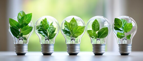 Green leaves inside an ecofriendly light bulb, symbolizing renewable energy, sustainable power, and environmentally conscious approaches to energy use