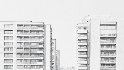Monochromatic architectural drawing of apartment buildings.  Exterior view of modern residential high-rises.  Detailed pencil sketch of buildings with balconies, windows, and facades. 