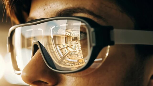 A closeup of a users eyes focused intently on a holographic interface expressing engagement as they navigate through investment options using intuitive hand motions.