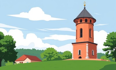 Naklejka premium Illustrative depiction of a solitary red brick water tower with a cone-shaped roof and surrounding green landscape on a clear day under a blue sky.