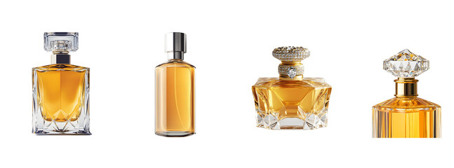 Collection of Four Distinctive Perfume Bottles Showcasing Unique Designs and Styles.