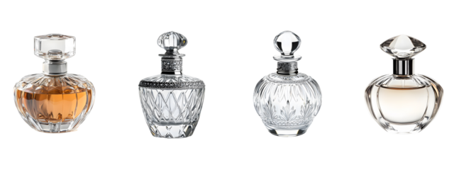 Collection of Four Distinctive Perfume Bottles Showcasing Unique Designs and Styles.