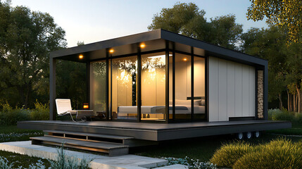 Fototapeta premium A small house with a white exterior and black trim