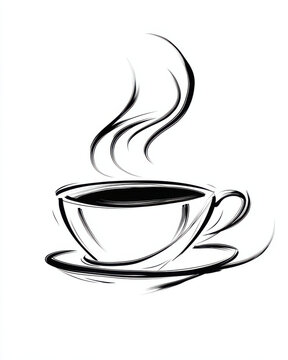 Elegant black ink brush stroke coffee cup with steam rising