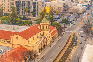  Light rail train and downtown San Jose city skyline in Silicon Valley in California