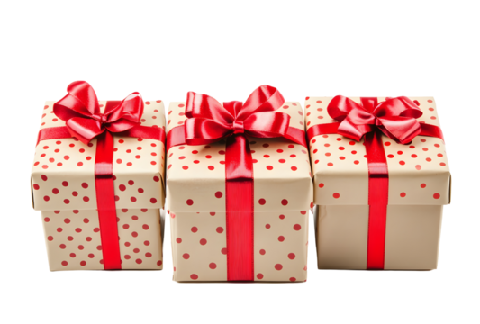 Three Gift Boxes with Red Ribbons and Polka Dots.