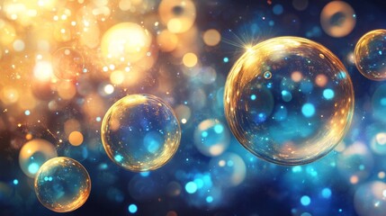 Illuminating elegance captivating collagen bubbles in a soft blue and gold glow underwater environment aesthetic visual art