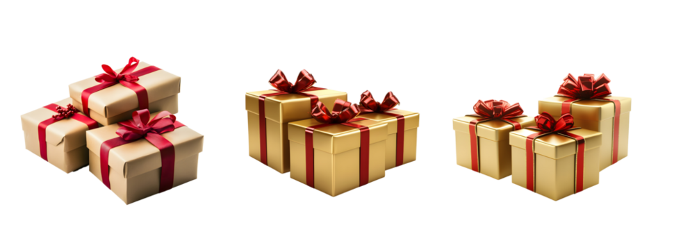 Three Gift Box Arrangements with Red Ribbons and Bows.