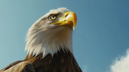 Fototapeta premium Majestic bald eagle in close-up; striking white and gray plumage on head and torso. Head tilts left while gazing right, capturing regal essence