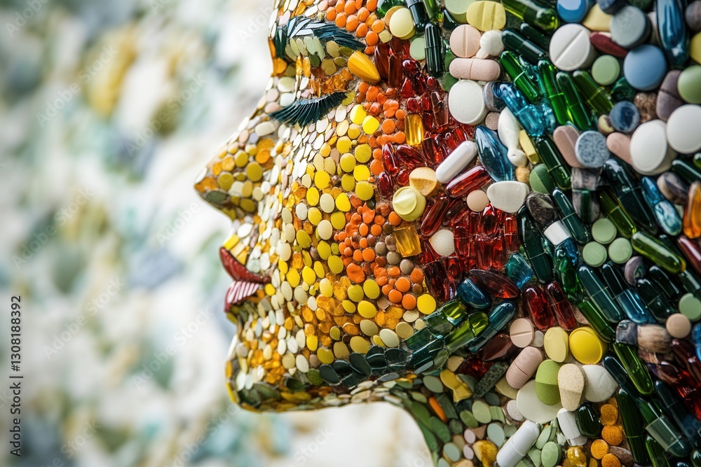 Poster colorful mosaic silhouette created from pills showcases intricate artistic interpretation using the 