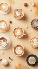 Design a captivating flat lay view showcasing a variety of beautifully crafted latte art on different coffee cups, each with intricate patterns and swirls, set against a warm, coffee creation