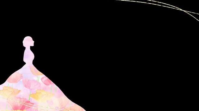 綺麗な花柄のウェディングドレスをまとった横向き花嫁のフローラルフレーム。お祝い向けの華やかな&alpha;付きループアニメーション。