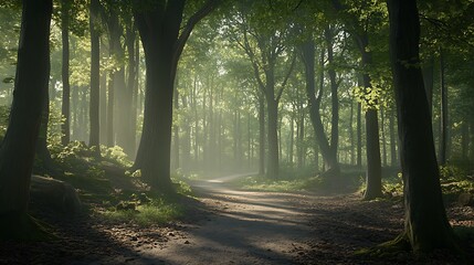 Fototapeta premium Sunlight streams through a forest canopy onto a winding path