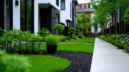 Modern Row Houses  Lush Landscaping  Green Grass  Walkway