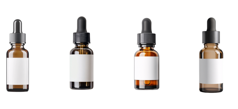 Four Dropper Bottles with Different Caps and Labels. Set
