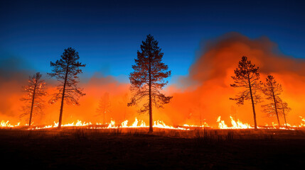 Obraz premium Intense and devastating forest fire at night with bright blue background illuminating the flames and smoke