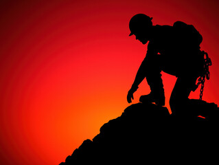 Man ascending a mountain with determination and focus in realistic photography featuring silhouette effects and nature