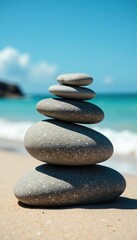 Balanced grey stones on sandy beach, blue ocean, beach, travel, day
