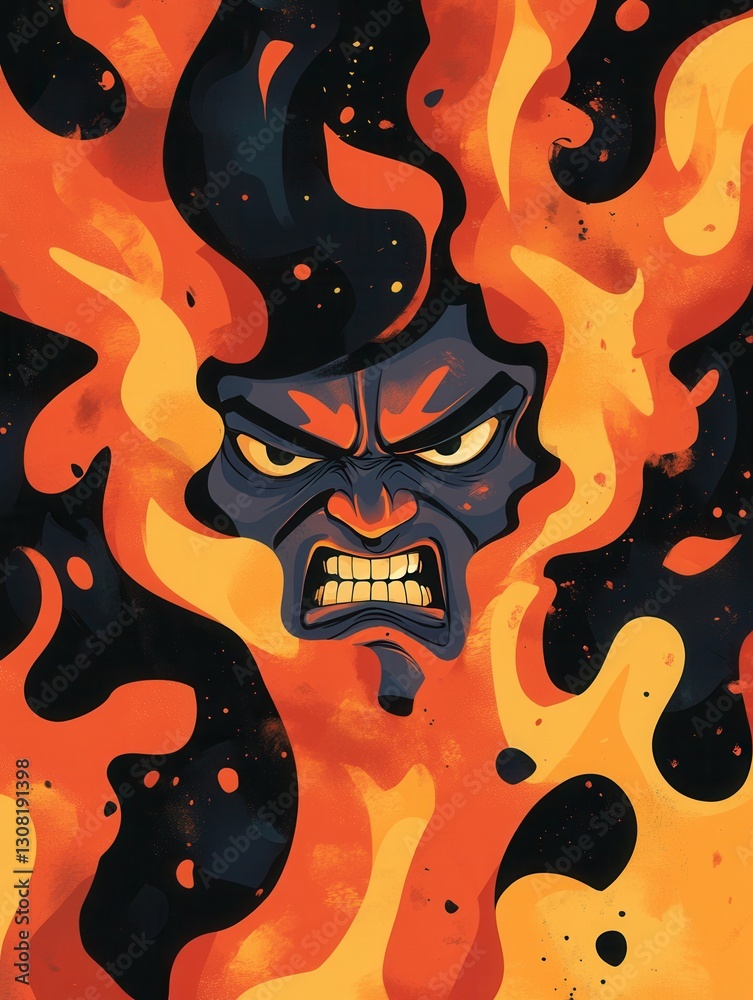 Poster fiery expression of anger in a bold illustration with flames engulfing an intense character during a