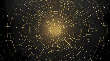 Obraz premium Abstract Golden Network with Circular Geometric Elements on a Dark Background