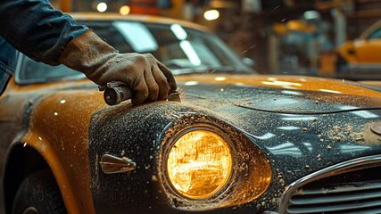 Mechanic polishing vintage car in workshop