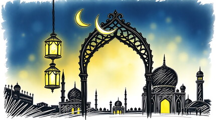 Naklejka premium Ramadan Kareem Lanterns and Crescent Moon with Glowing Lights