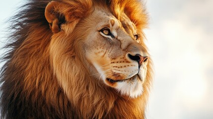 Obraz premium Golden-brown lion with a majestic, shaggy mane; its fierce gaze exudes power and grace against the rich textures of its fur, capturing an intimate, regal moment in nature