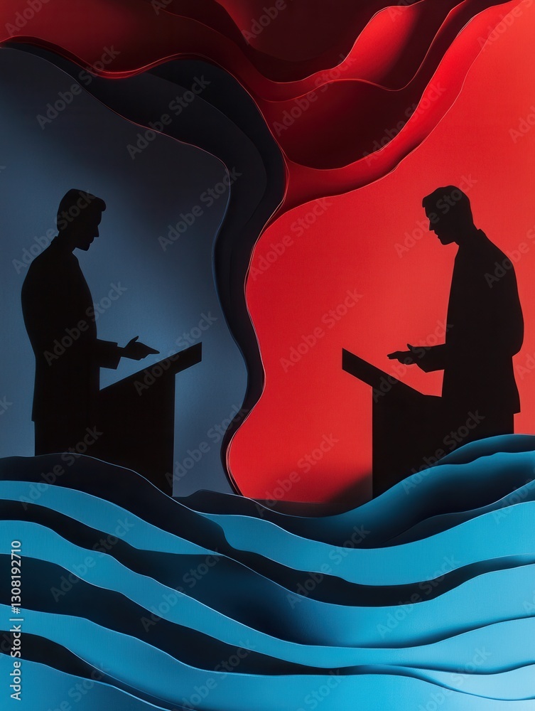 Poster bold paper art depicting dynamic silhouettes in a political debate with layered waves and dramatic c