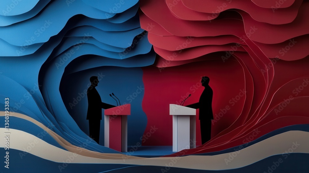 Poster engaging political debate with bold paper art background featuring silhouettes behind podiums genera