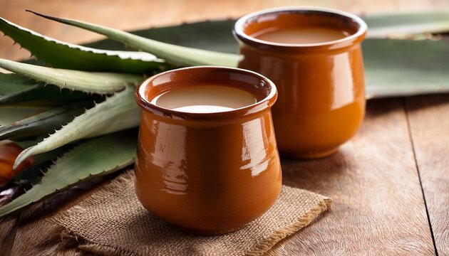 mexican fermented beverage called pulque in clay cups with agave cactus