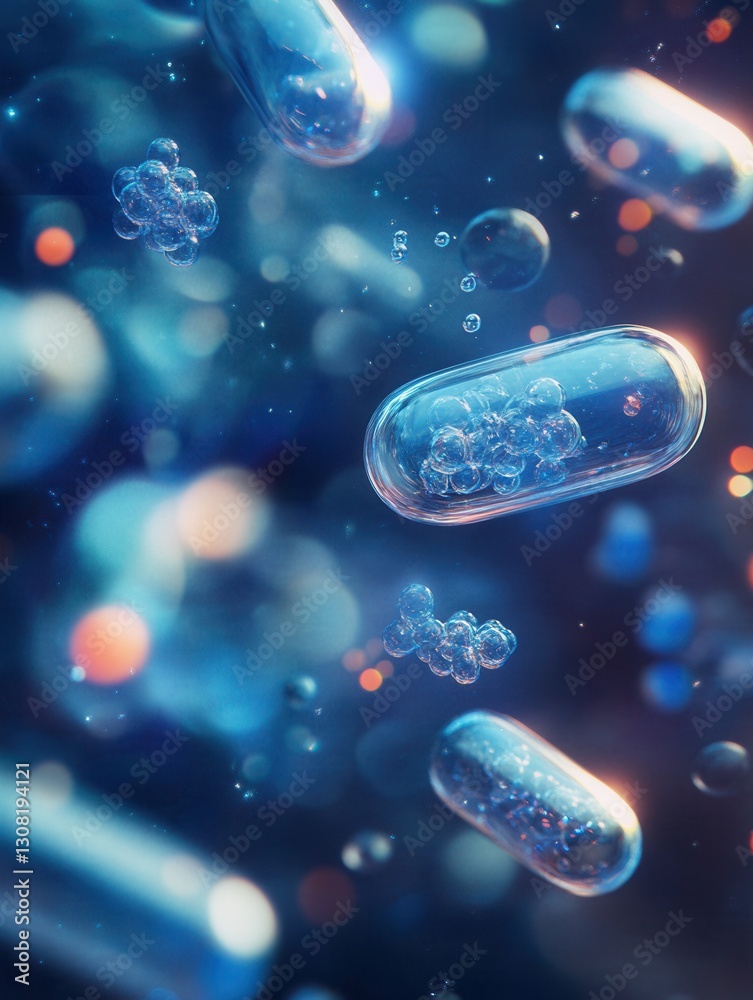 Aufkleber Floating capsules dissolve into molecular structures in abstract medical illustration with dreamy lighting Generative AI