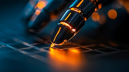 Robotic pen writing on digital surface futuristic lab macro photography high-tech environment close-up view innovation concept
