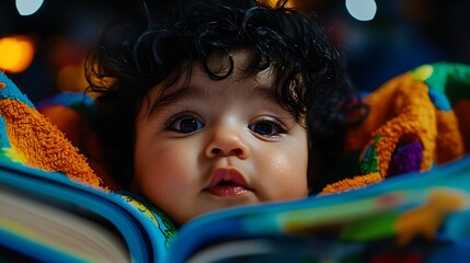 Engaging baby reading book cozy home close-up photography warm atmosphere child's perspective learning and development