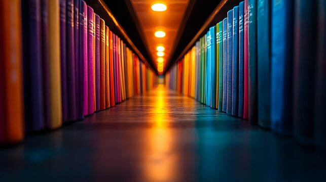 Exploring vibrant book collections library photography indoor perspective colorful shelves for learning enthusiasts