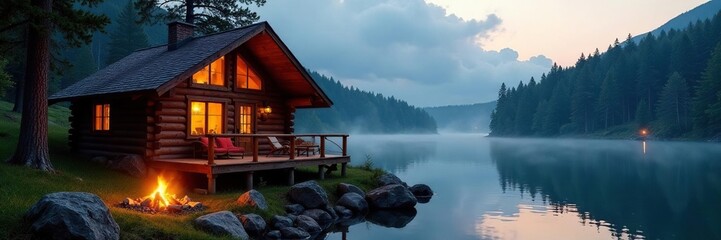 Cozy log cabin by tranquil lake, crackling campfire, comfort, peaceful