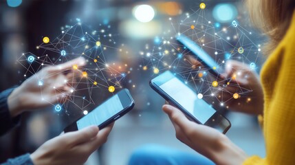 Two people using smartphones to connect in a digital network, with blurred city background