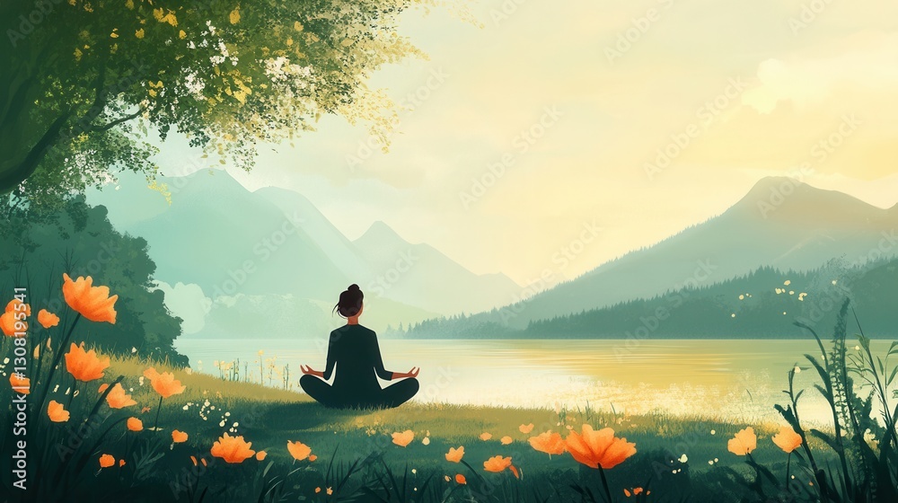 Poster meditation in nature with soft light providing a peaceful atmosphere near a serene lake surrounded b